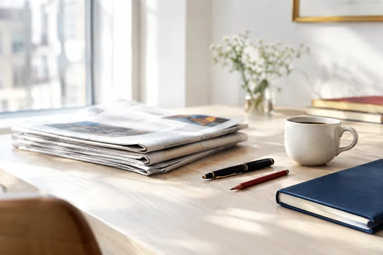 Bureau d’éditeur avec journaux pliés, stylo plume et crayon rouge dans la lumière du matin