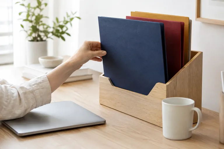 Chemises cartonnées bleu marine, rouges et ocre rangées pour gérer un portefeuille de sites
